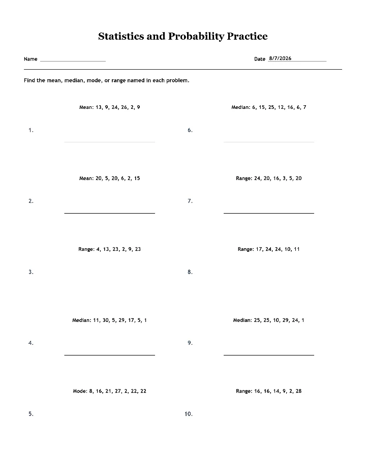Sample statistics and probability worksheet