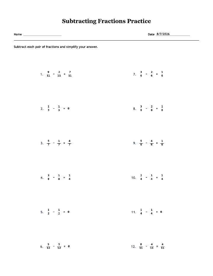 Answer key for the sample subtracting fractions worksheet