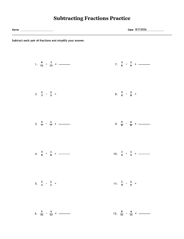 Sample subtracting fractions worksheet