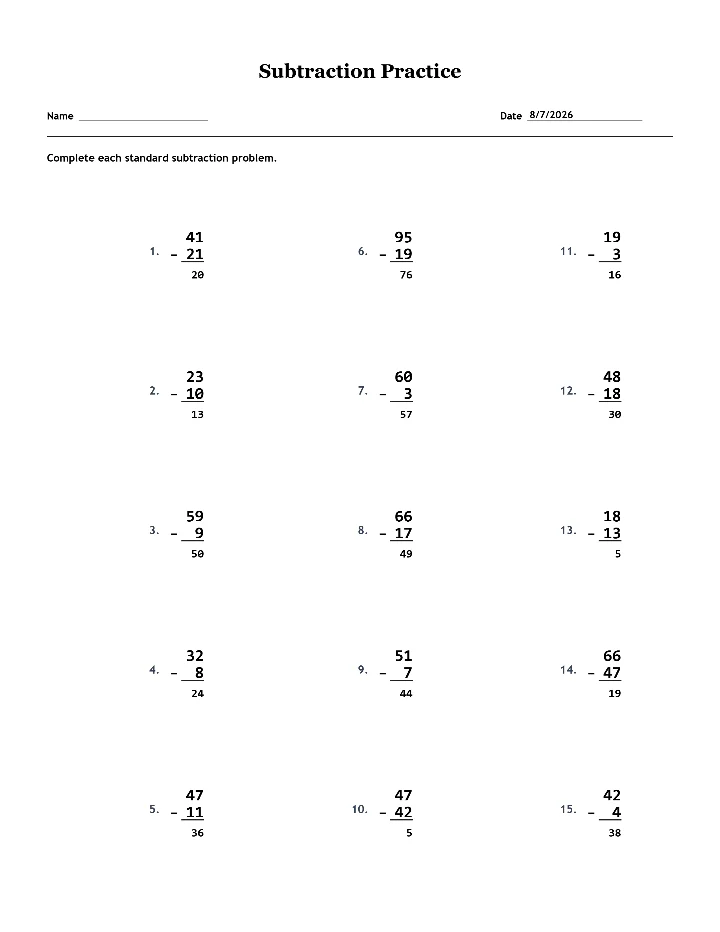 Answer key for the sample subtraction worksheet