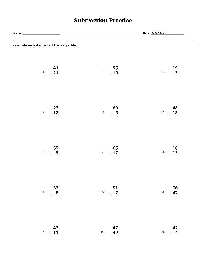 Sample subtraction worksheet