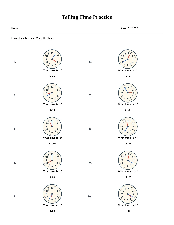 Answer key for the sample telling time worksheet