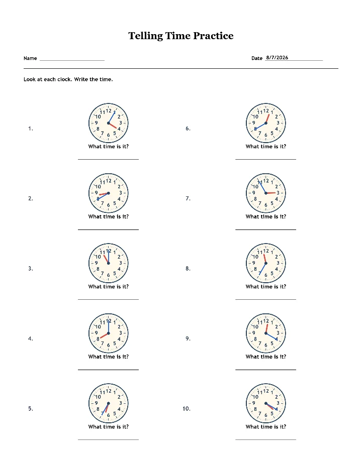 Sample telling time worksheet