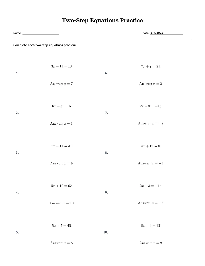 Answer key for the sample two-step equations worksheet
