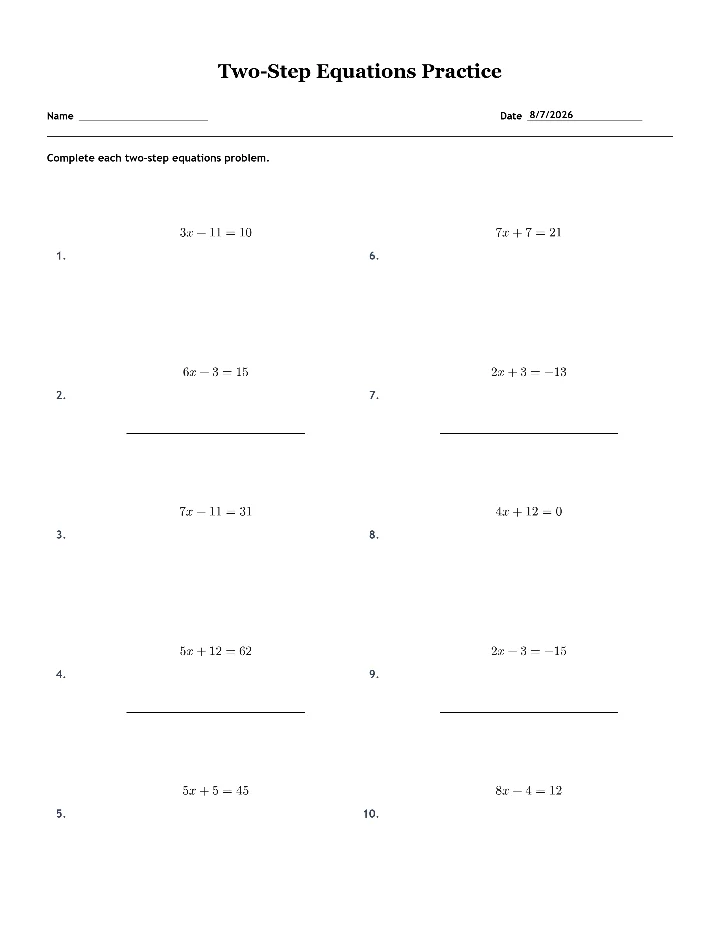 Sample two-step equations worksheet