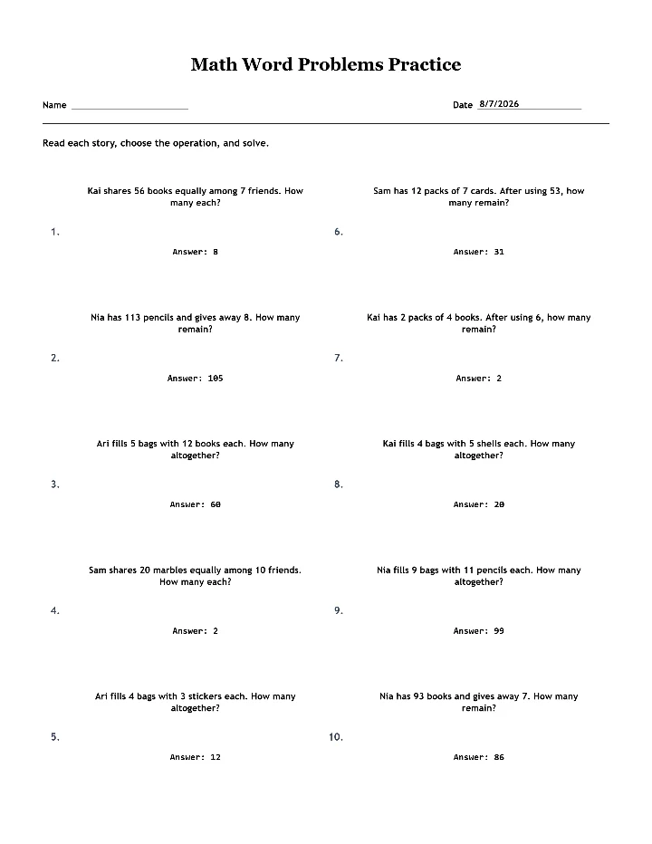 Answer key for the sample math word problems worksheet