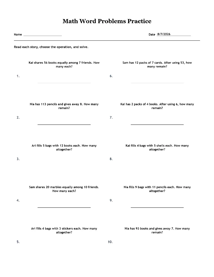 Sample math word problems worksheet